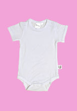 Load image into Gallery viewer, Alt Text: A beautiful high quality bright white short sleeve onesie against a bright colored backdrop. A small white label sits out from the torso side with a cartoon black and white panda covering his eyes playfully (boo!).