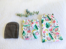 Load image into Gallery viewer, Pink Flamingos with vibrant watermelons and bananas, a a real summer style nappy.