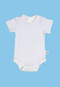 Alt Text: A beautiful high quality bright white short sleeve onesie against a bright colored backdrop. A small white label sits out from the torso side with a cartoon black and white panda covering his eyes playfully (boo!).