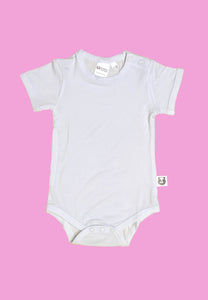 Alt Text: A beautiful high quality bright white short sleeve onesie against a bright colored backdrop. A small white label sits out from the torso side with a cartoon black and white panda covering his eyes playfully (boo!).