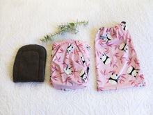 Load image into Gallery viewer, A beautiful blush pink nappy with panda bears and hot pink bamboo. 