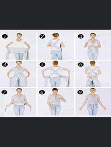 Multiple images of a women tying the baby carrier in nine small images.