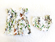 Load image into Gallery viewer, Beautiful butterflies with green vine print, on a white background romper: consisting of a dress and matching knickers. A timeless classic.