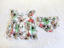 Load image into Gallery viewer, Romper dress with matching knickers in a stunning floral pattern with mint green and baby pink accents.