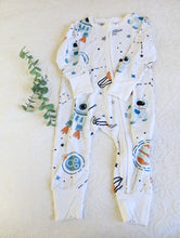 Load image into Gallery viewer, Astronaut in space, classic print on white background long sleeve onesie.