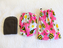 Load image into Gallery viewer, Bright hot pink nappy, with big bold bumblebees and daisy design