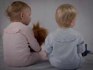 Toddlers wearing a baby pink onesie and a baby blue onesies, with their back facing you, showing off angel wings. 