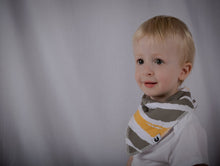 Load image into Gallery viewer, Bib with grey, orange and white tiger stripes, on baby.